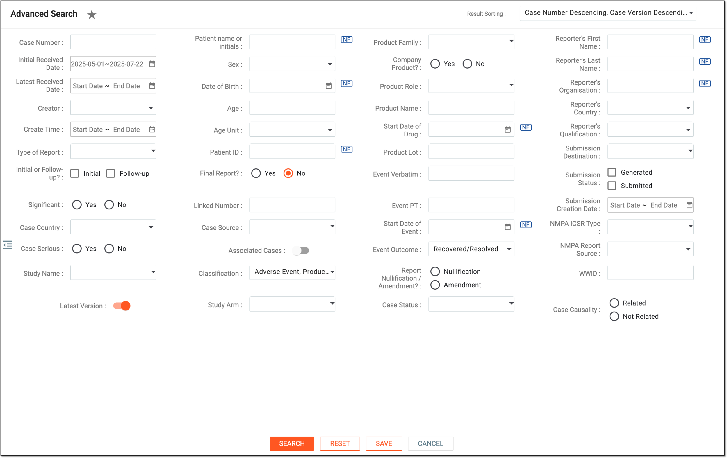 Example of applying advanced search filters