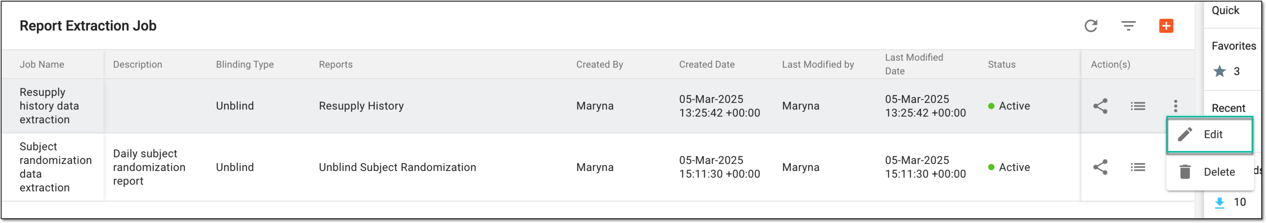 Selecting option to edit report extraction job