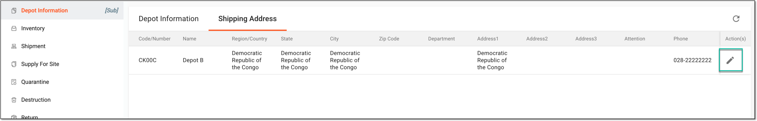 Selecting to edit depot shipment address
