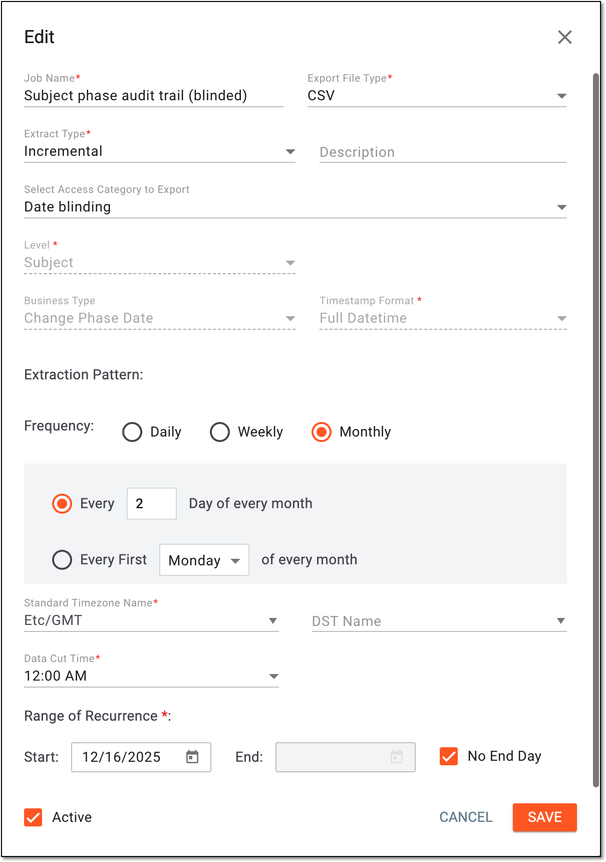 Example of editing data extraction job
