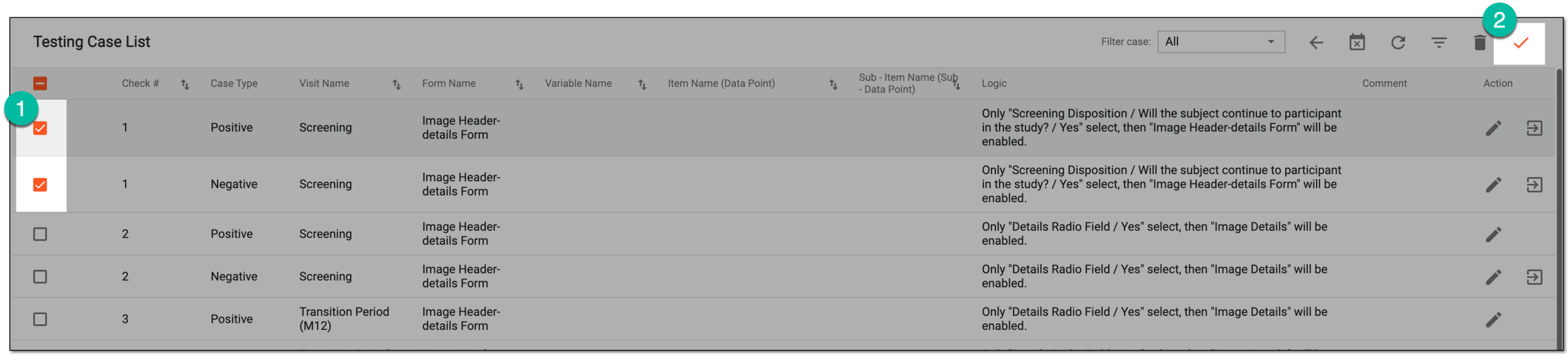 Accessing CRF version test case result confirmation