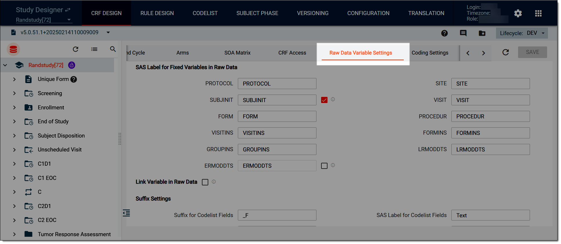 Selecting to configure raw data variable settings