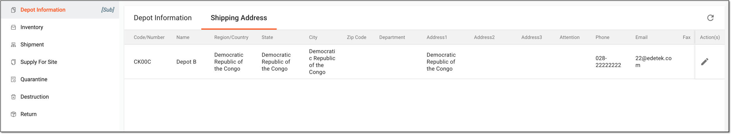 Viewing depot shipment address