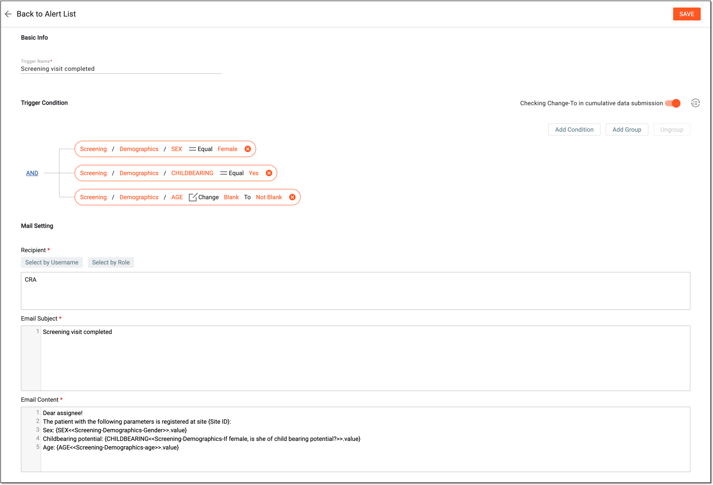 Configuring CRF combined alert