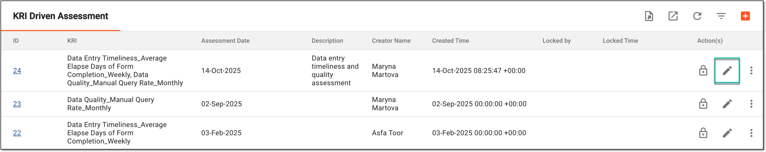 Selecting option to edit KRI-driven assessment entity