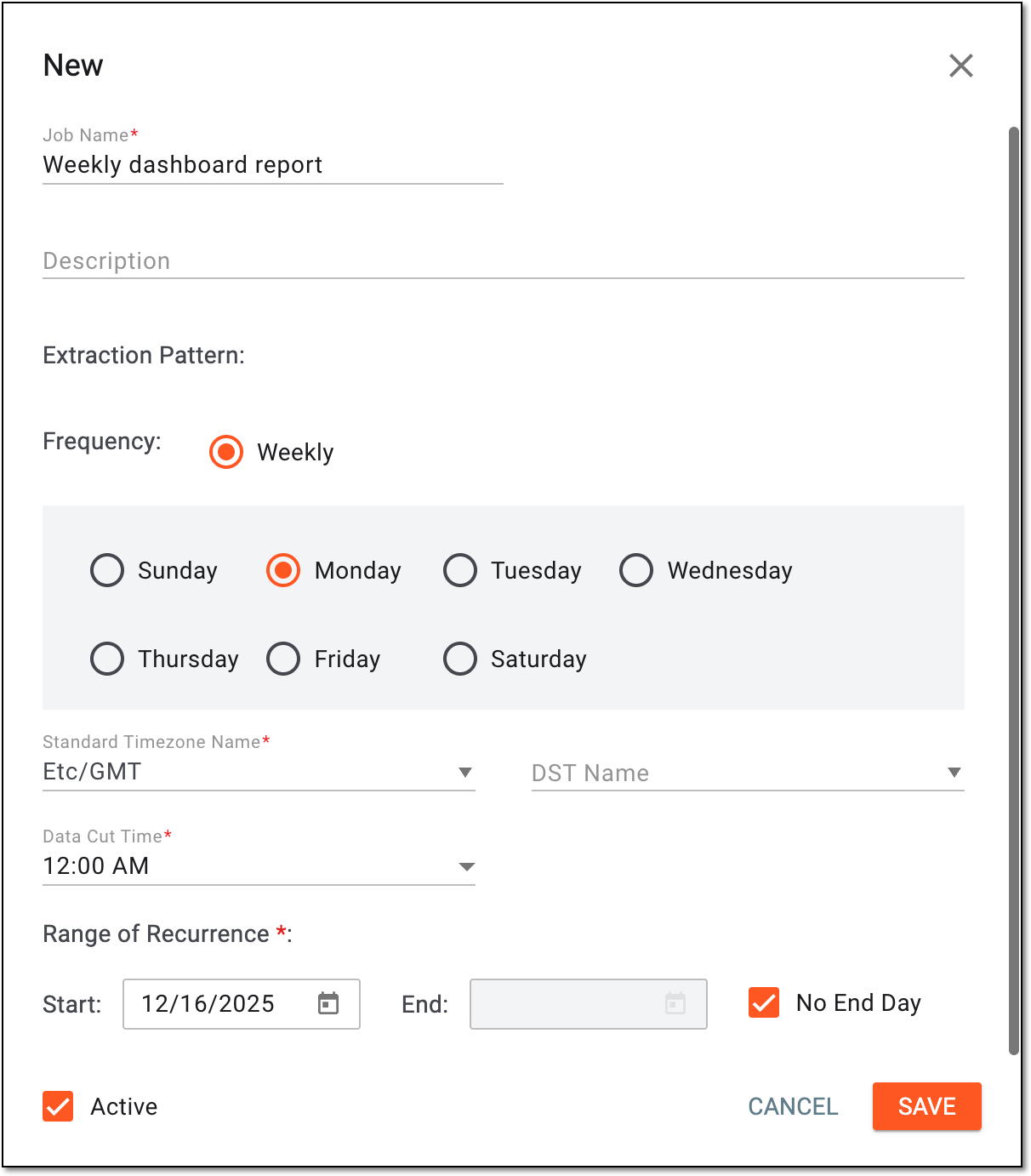 Configuring dashboard report extraction job