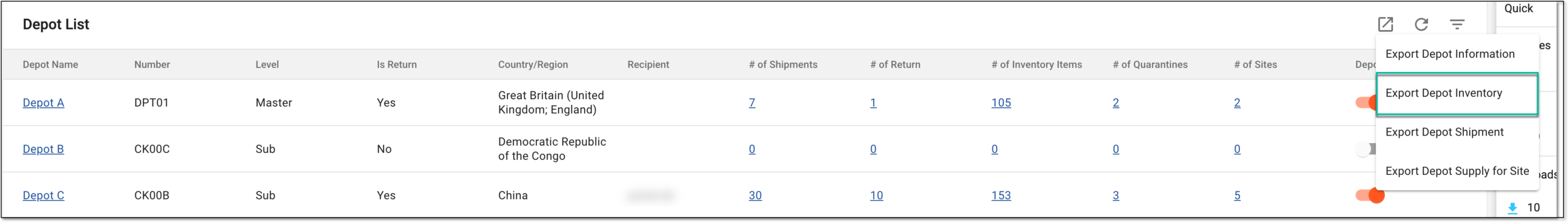 Exporting depot inventory data