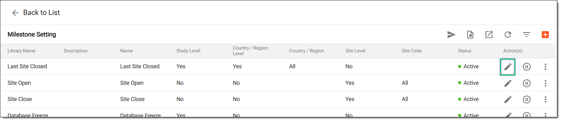 Accessing option to edit milestone