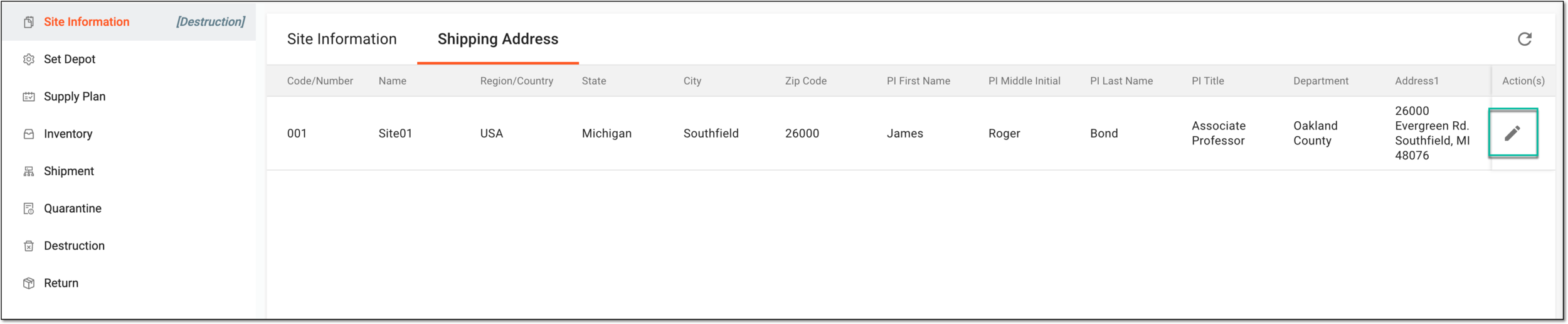 Selecting to edit site shipment address