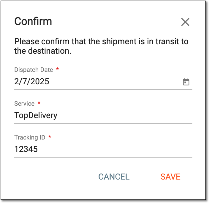 Confirming shipment in transit from site