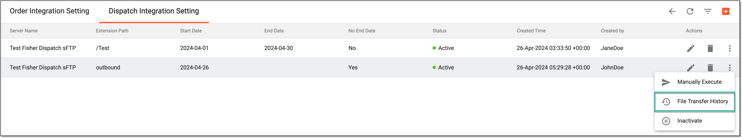 Accessing file transfer history