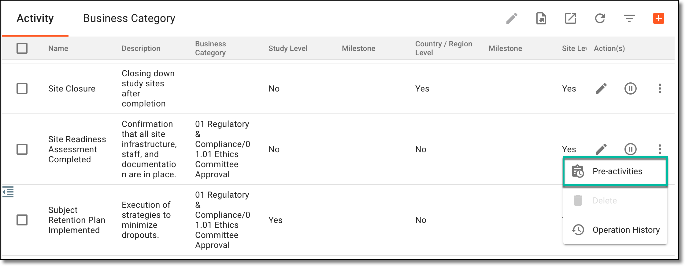 Selecting to assign preactivities