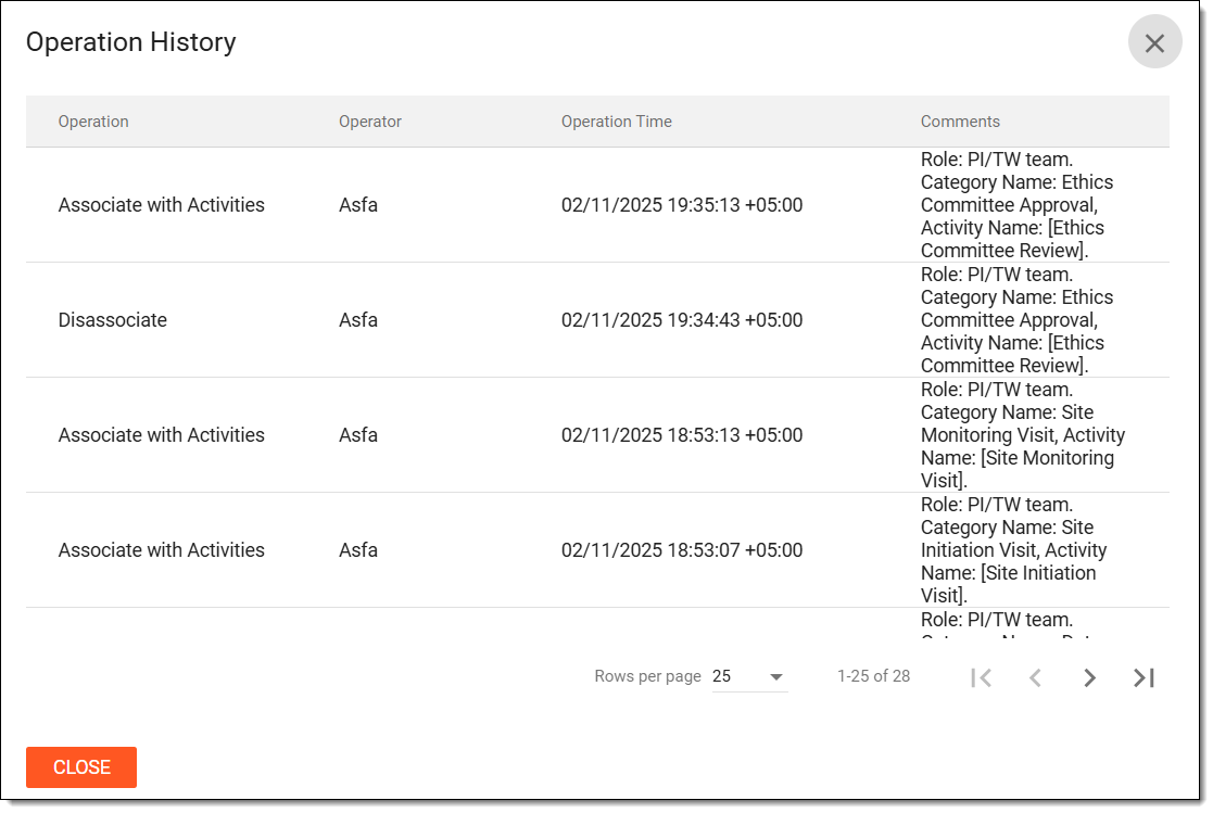 Viewing operation history of activity-category association