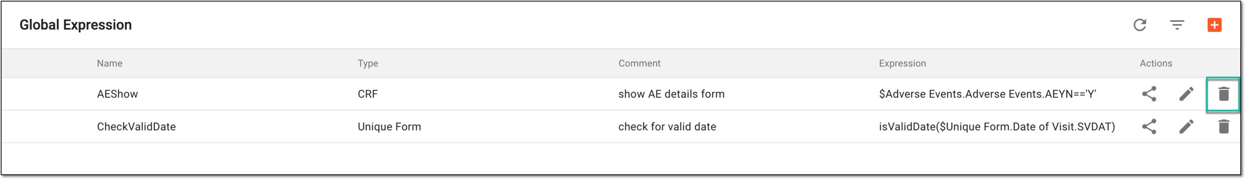 Selecting option to delete global expression