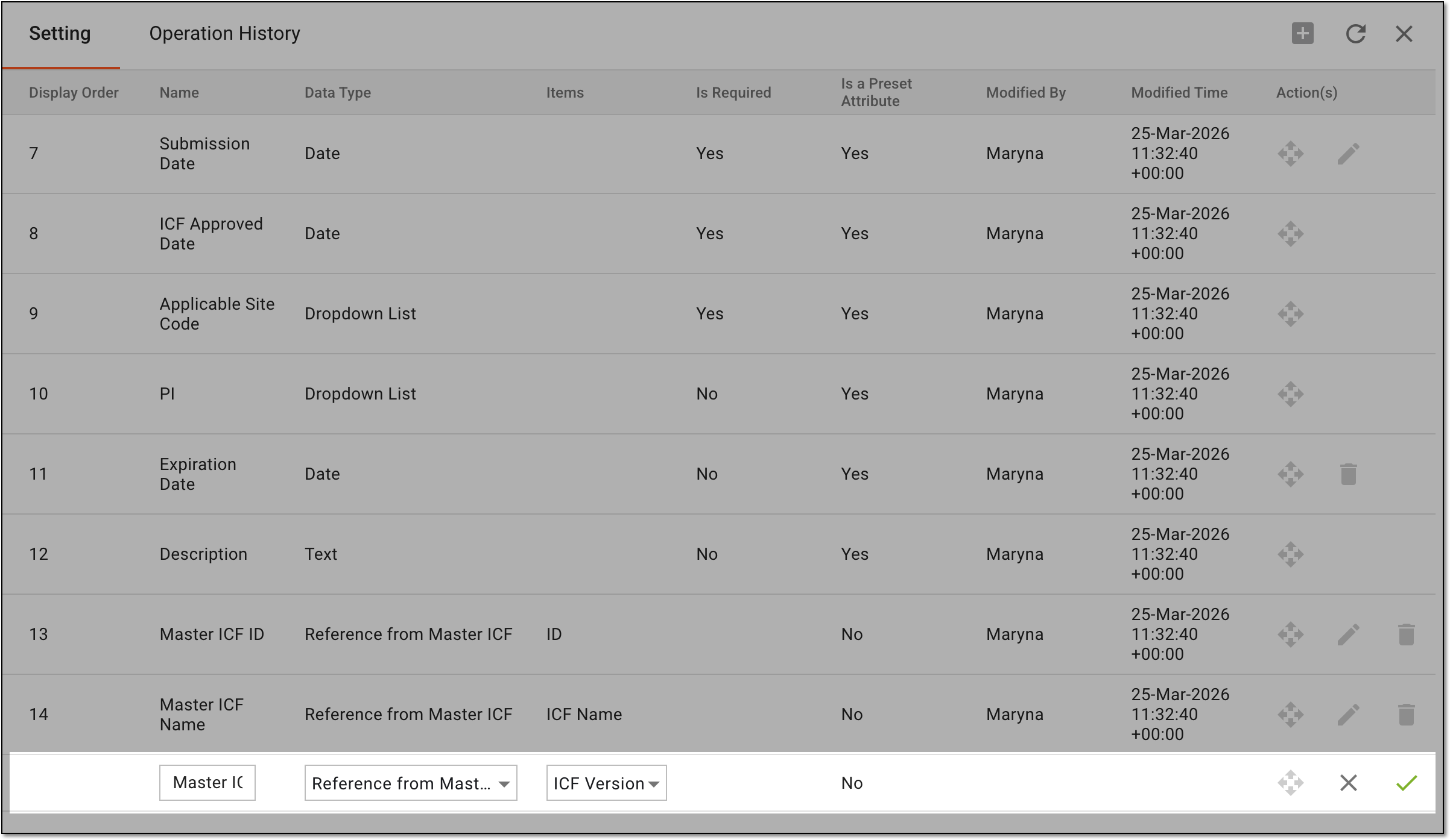 Adding new data element to site ICF listing