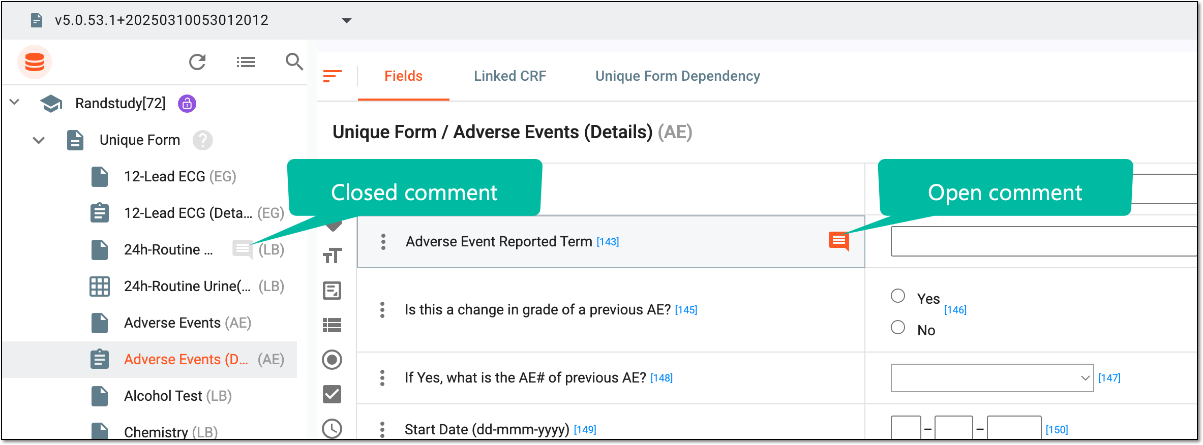 Comments in Study Designer