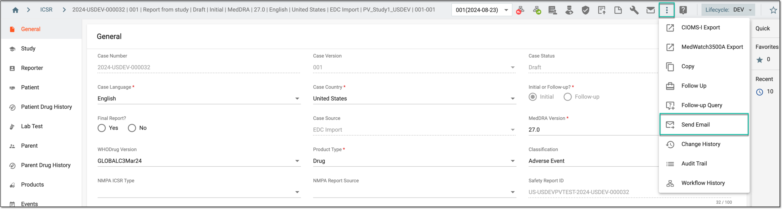 Accessing email option