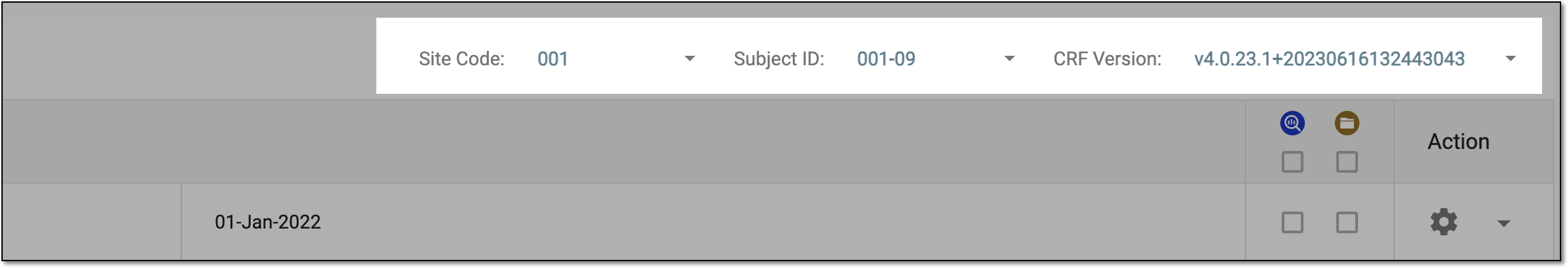 Selecting site, subject, and CRF version