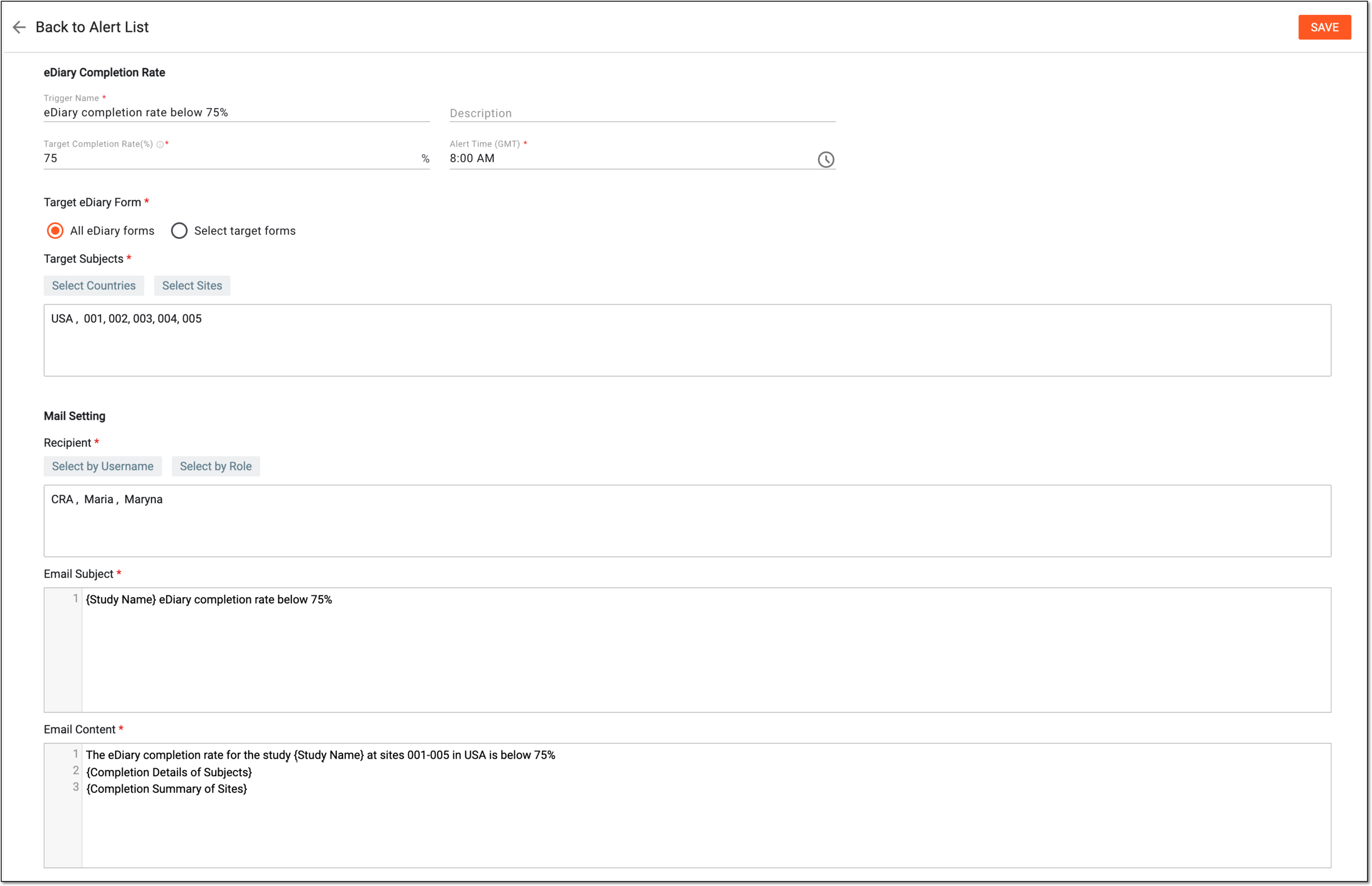 Configuring eDiary completion rate alert