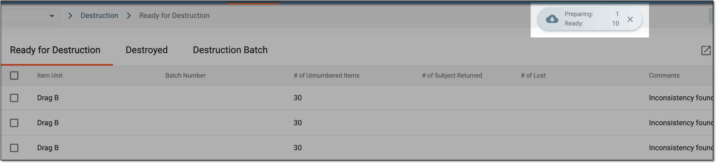 Downloads widget for item destruction data