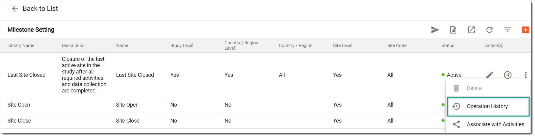 Accessing option to view operation history