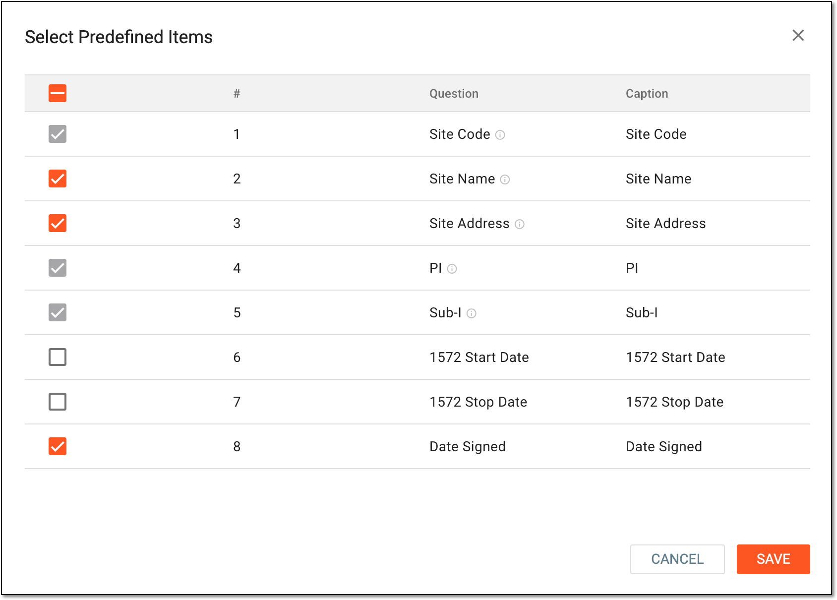 Selecting predefined questions to add to form