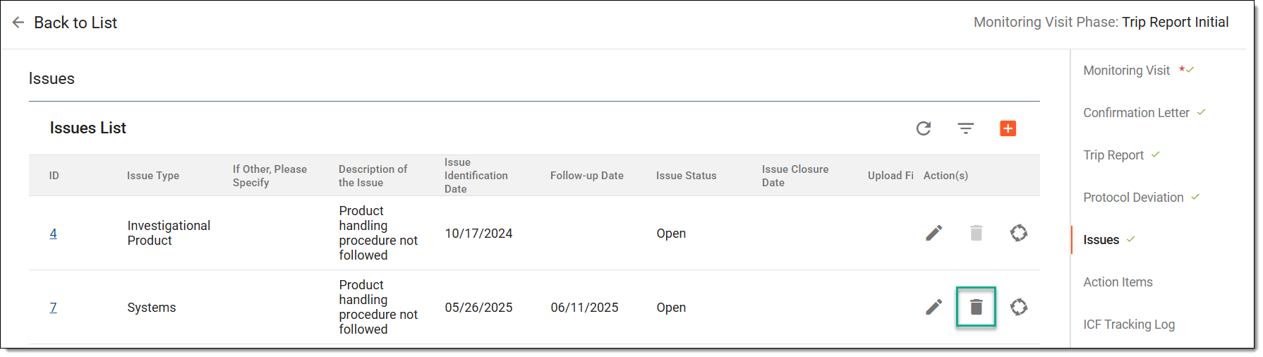 Deleting issue from monitoring visit