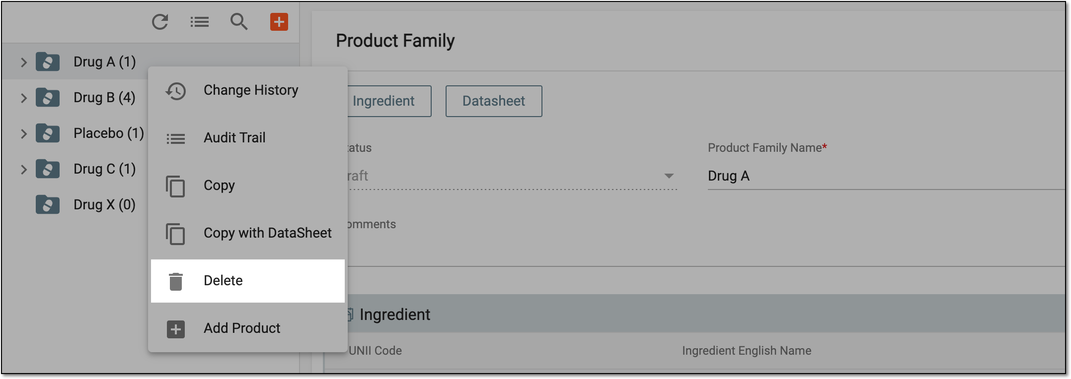 Deleting product family