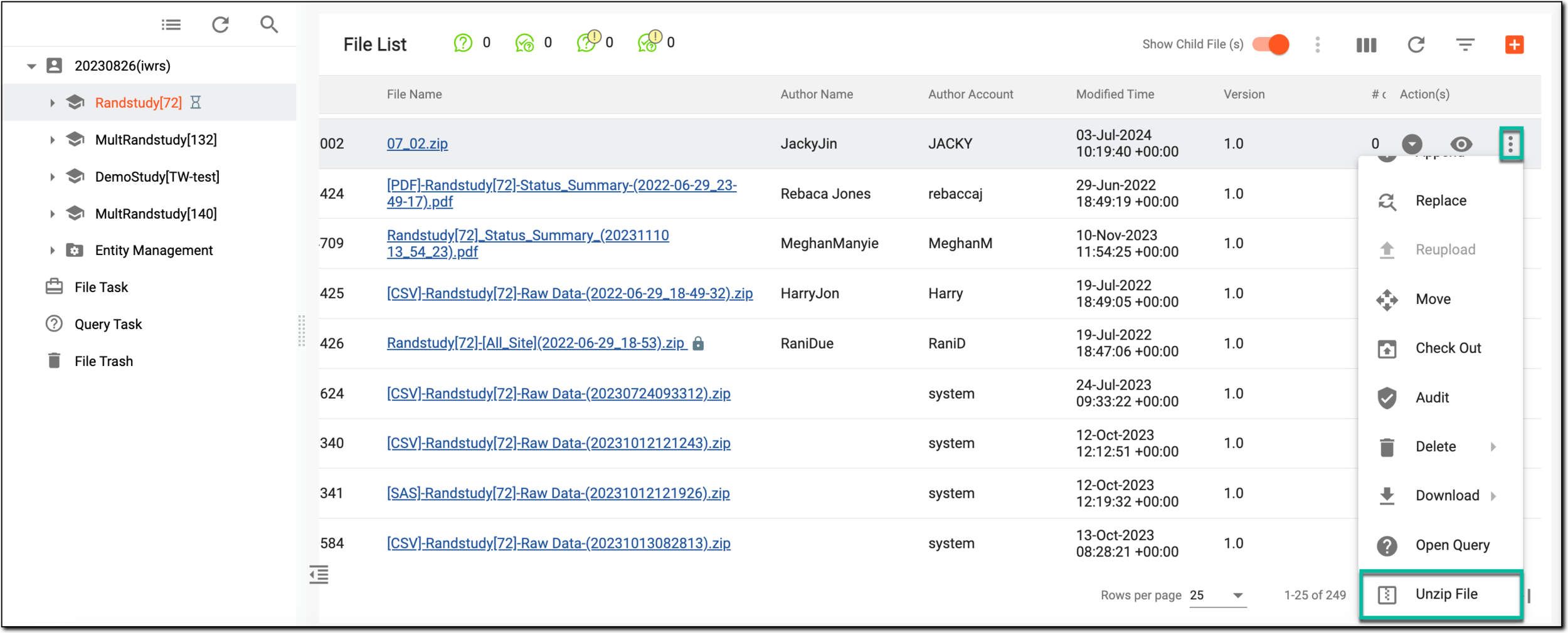 Selecting to unzip file