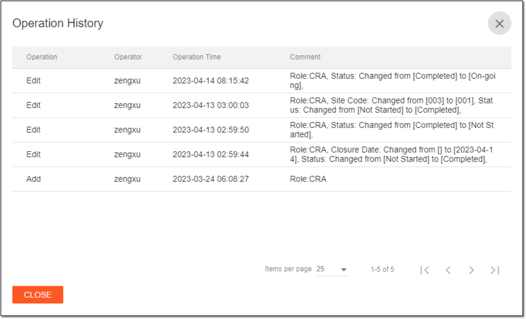 Viewing operation history of action item