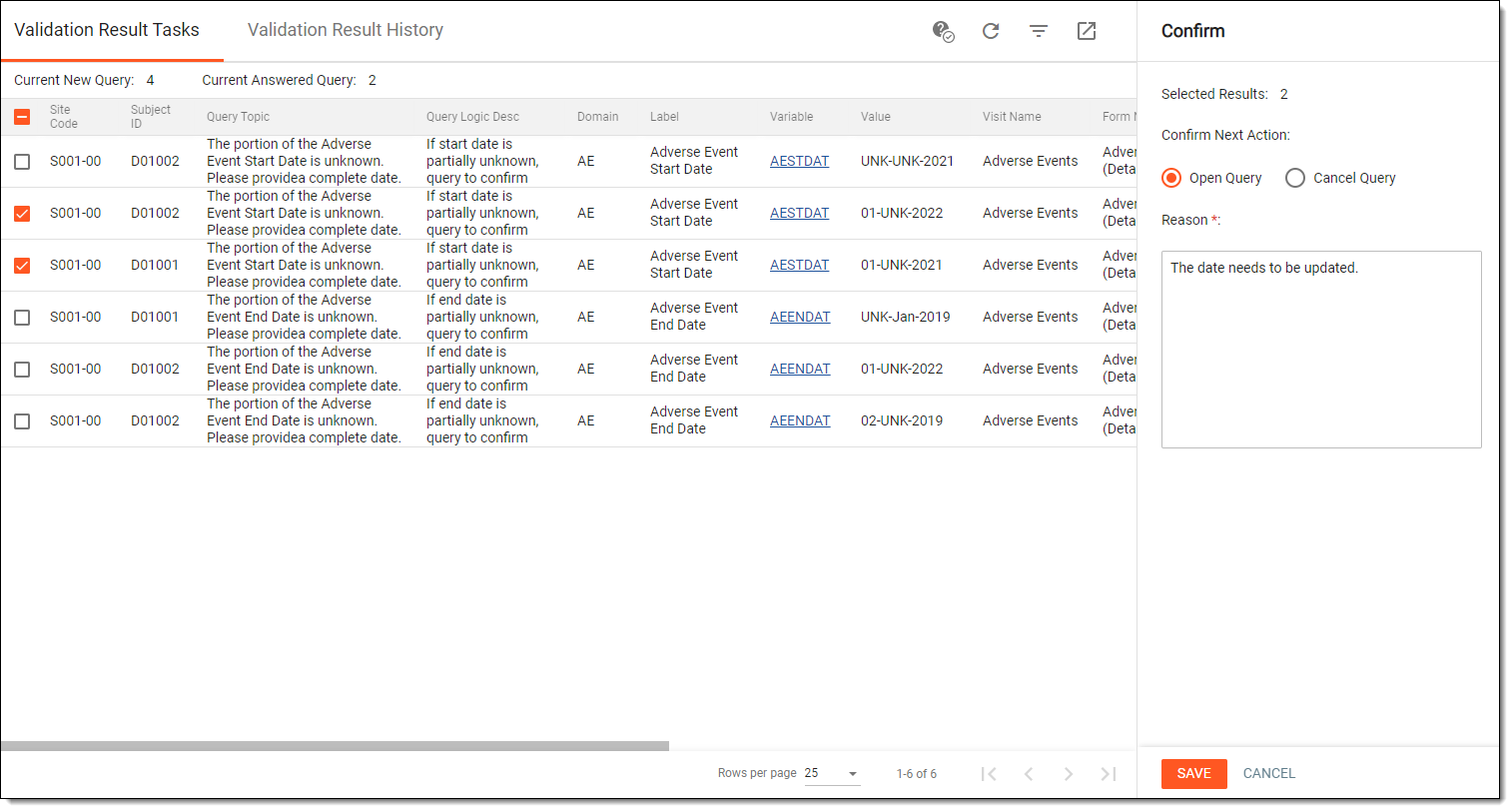 Confirming validation result task