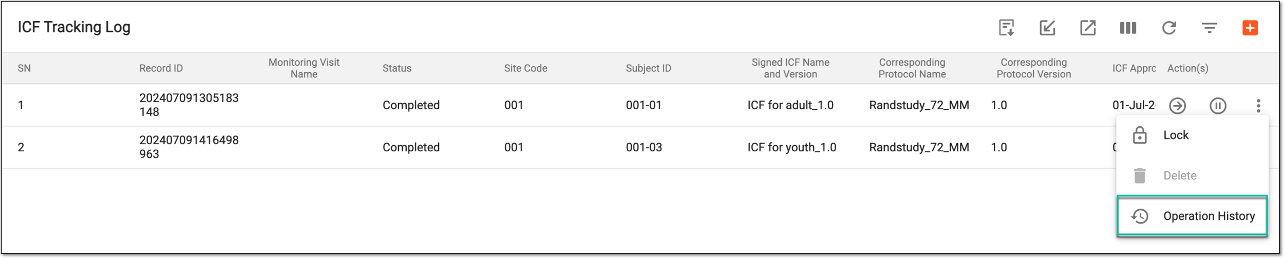 Accessing ICF tracking record operation history