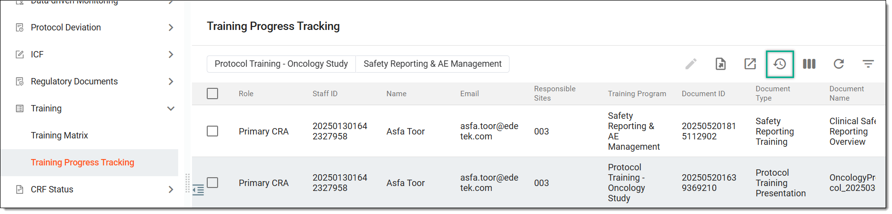 Accessing operation history of primary CRA training progress