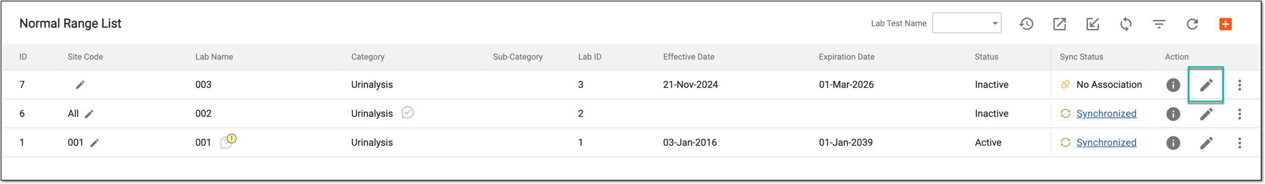 Selecting option to edit normal range details