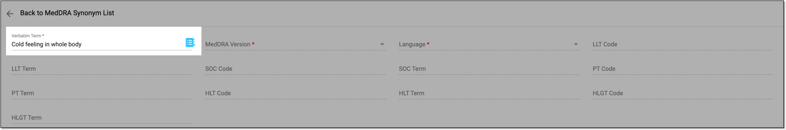 MedDRA synonym specified