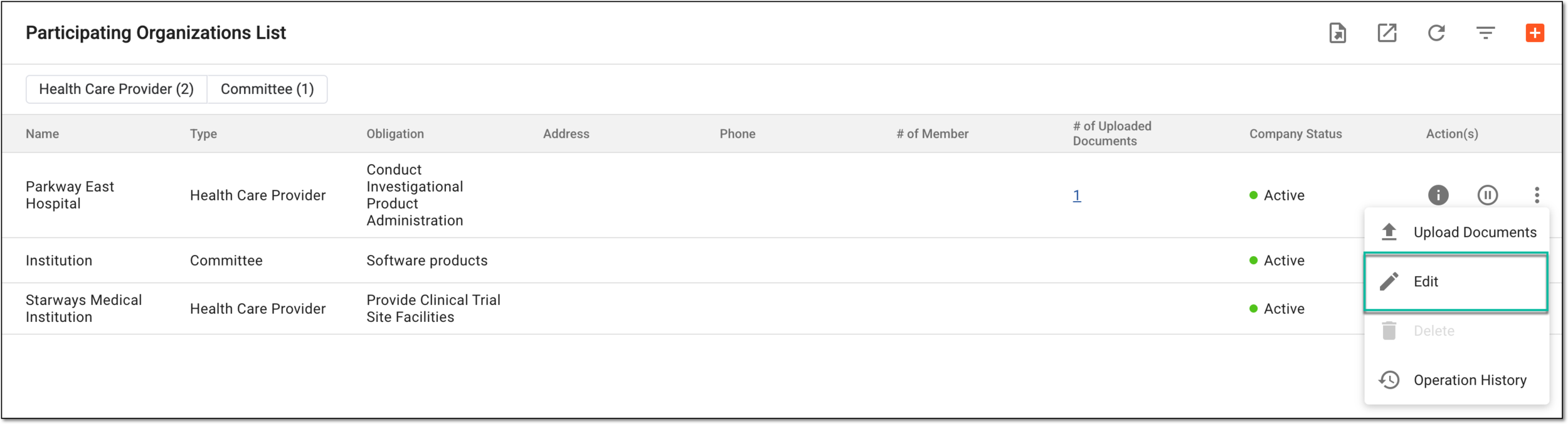 Selecting option to edit participating organization