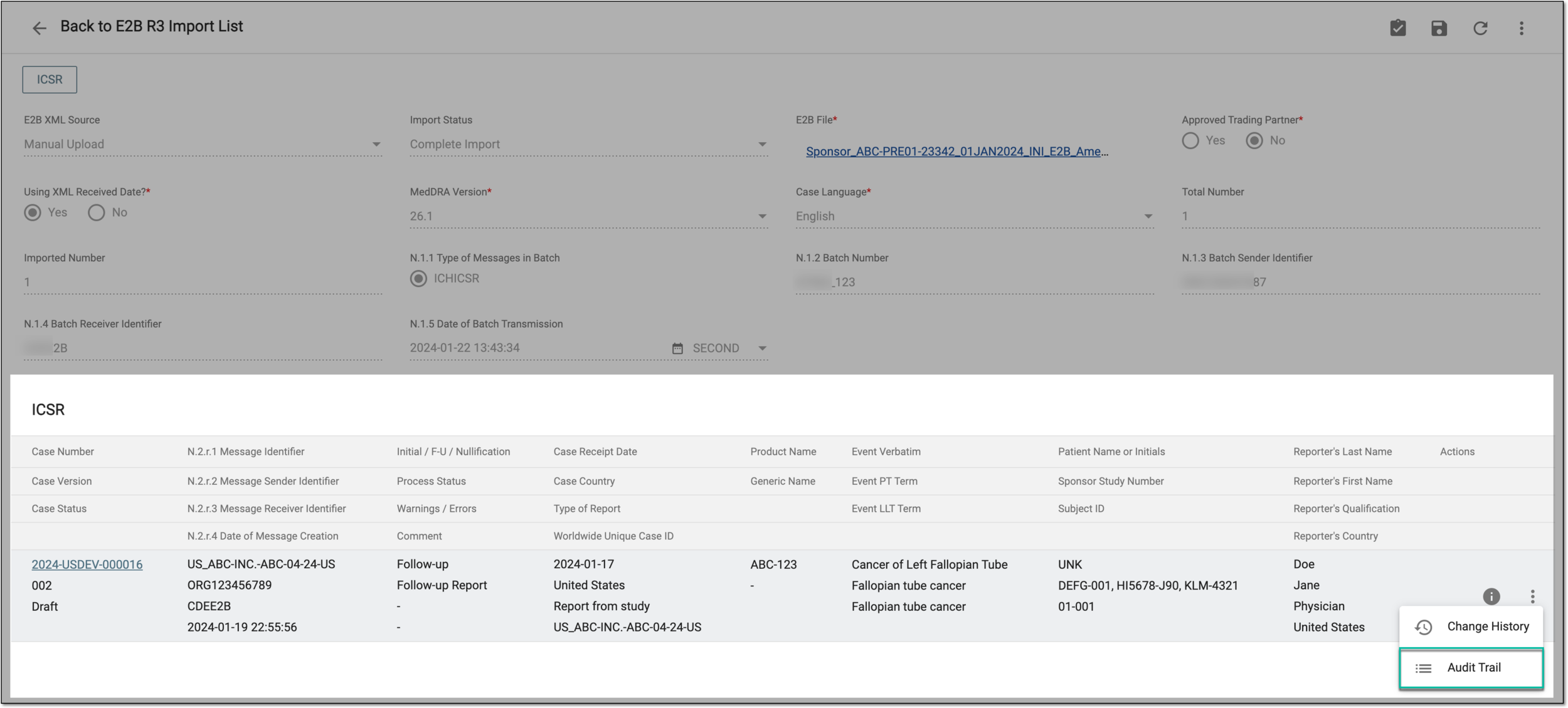 Selecting to view ICSR audit trail