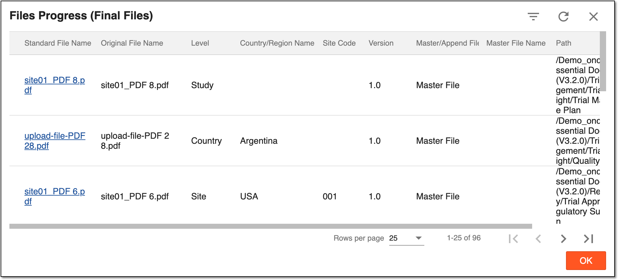 Displaying detailed information on files of specific status