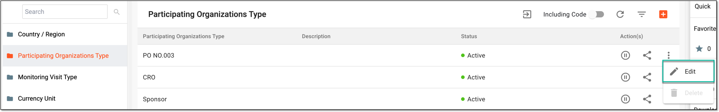Selecting option to edit data element