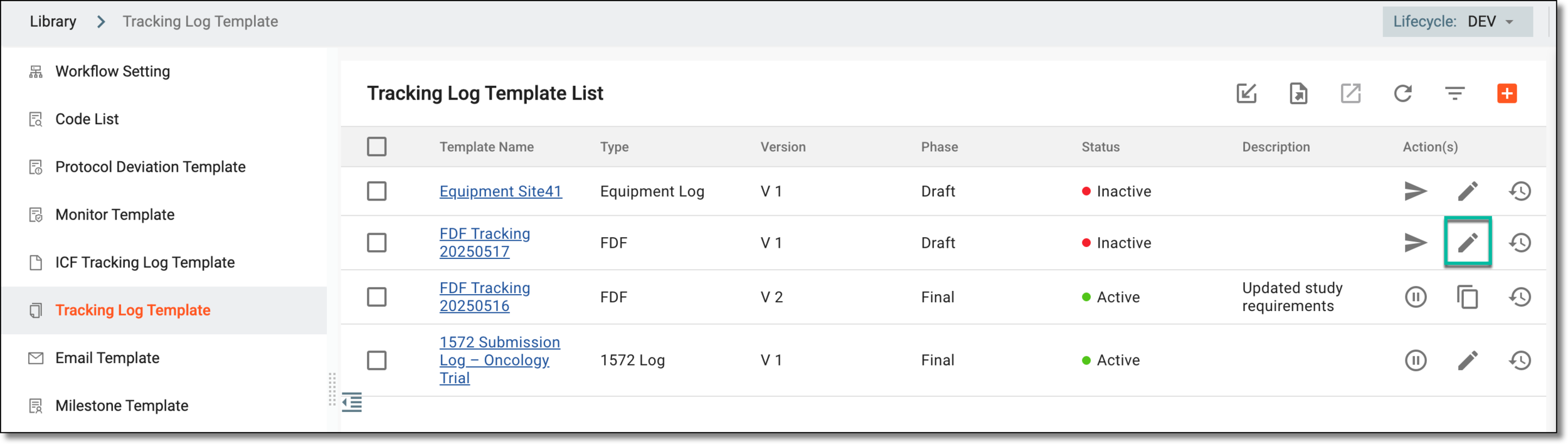 Selecting to edit tracking log template