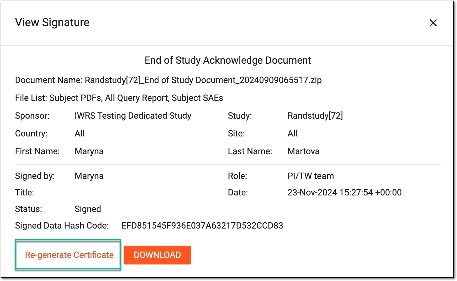 Regenerating system document acknowledgment certificate