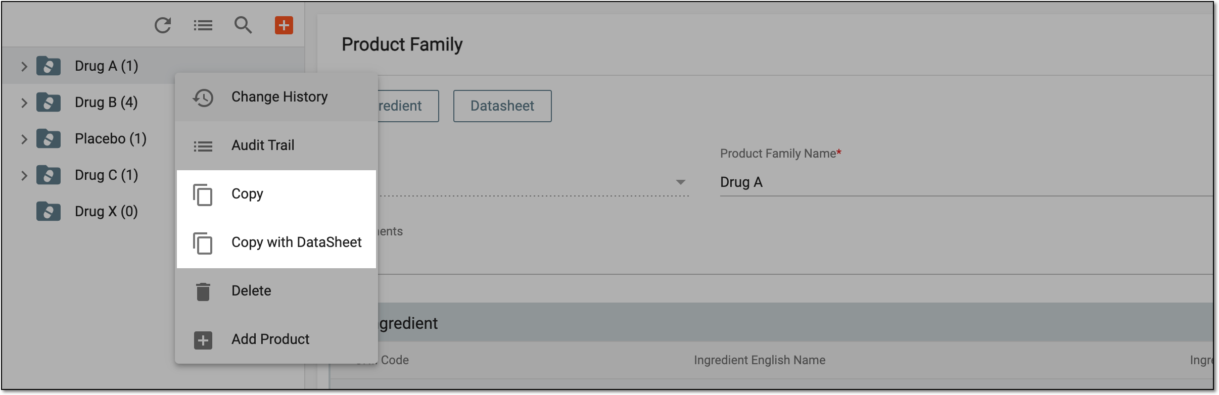 Selecting product family copying options