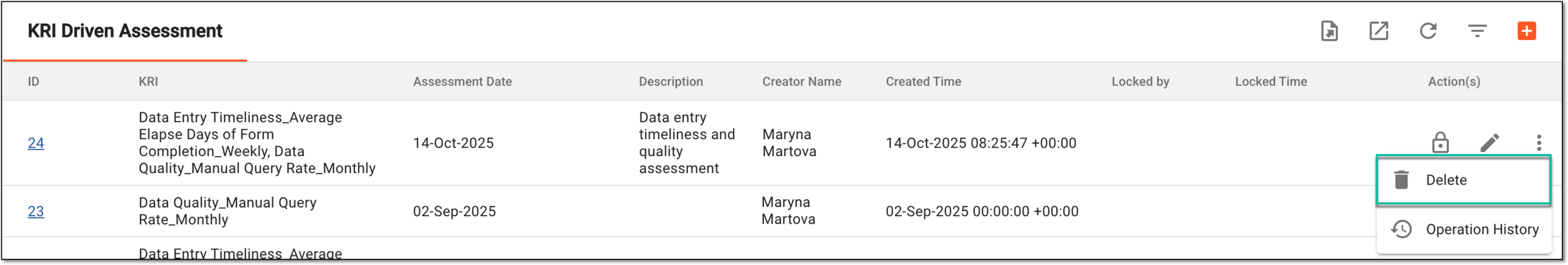 Selecting option to delete assessment