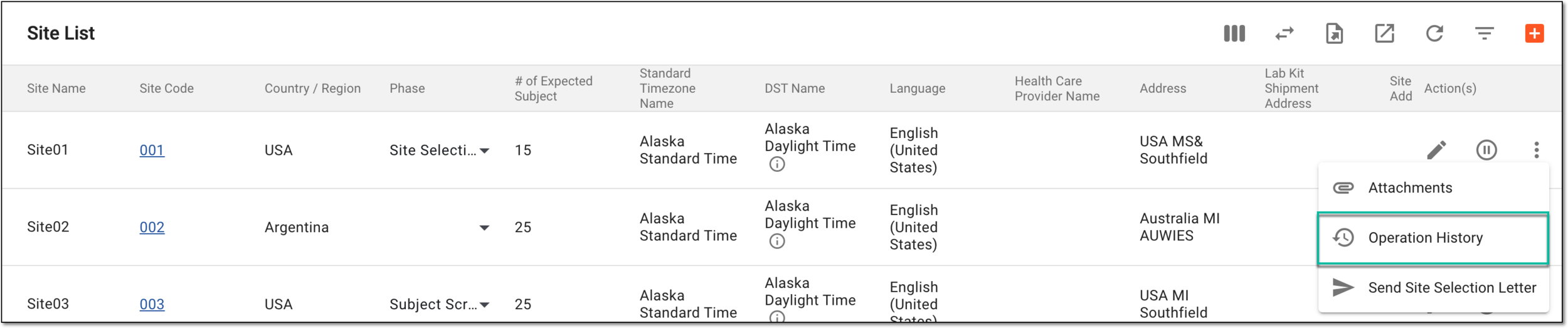 Accessing site operation history