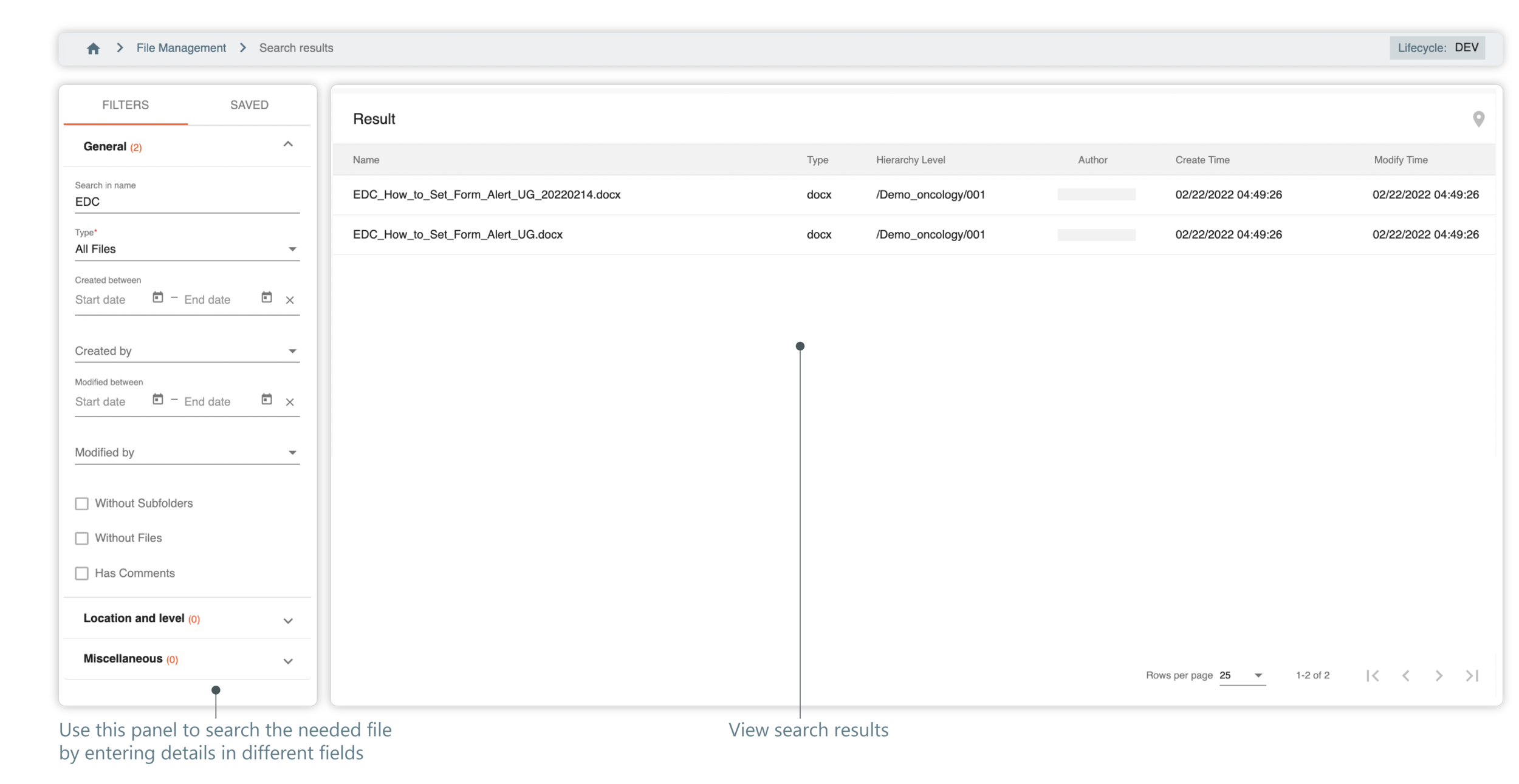 Searching file using advanced search and filters