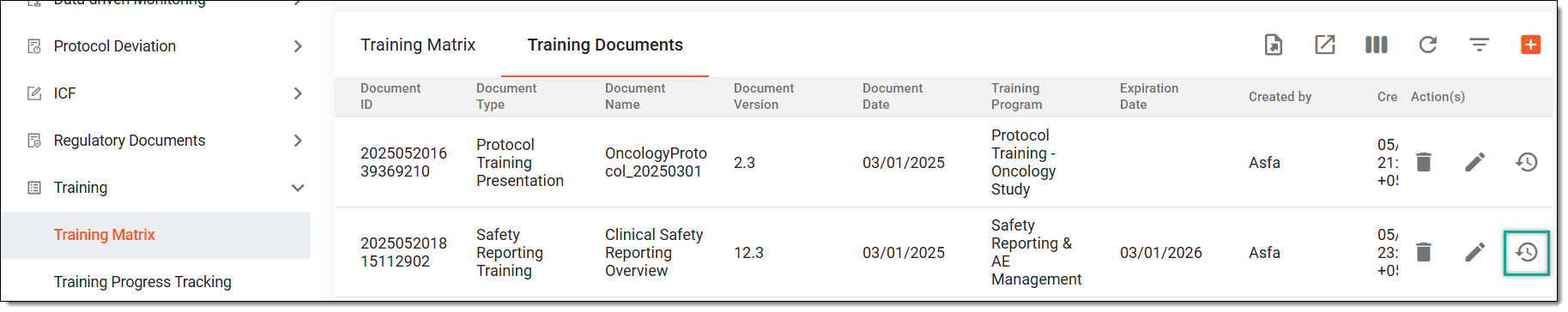 Accessing operation history of training document entry