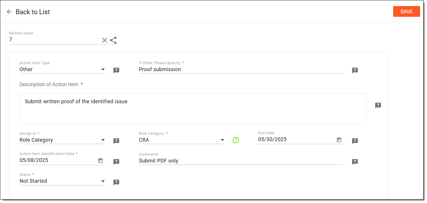 Editing action item in monitoring visit