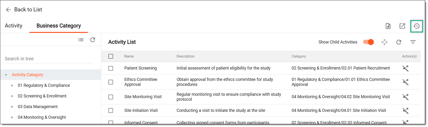 Accessing operation history of activity-category association