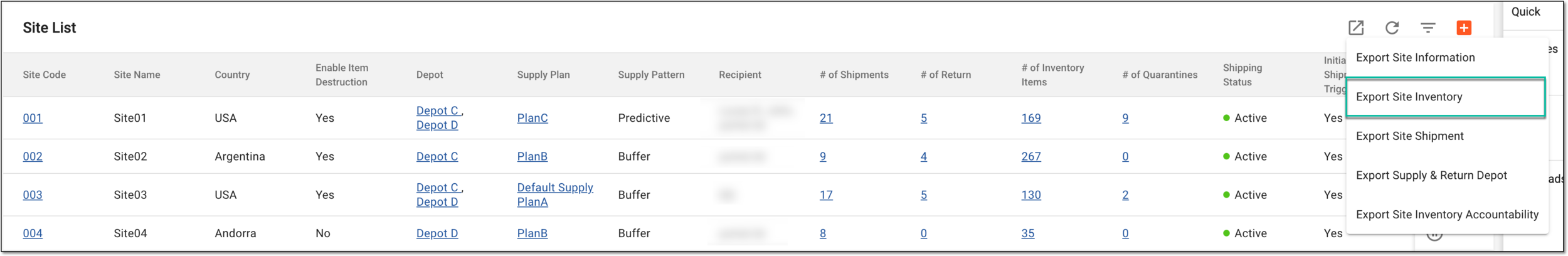 Exporting site inventory data