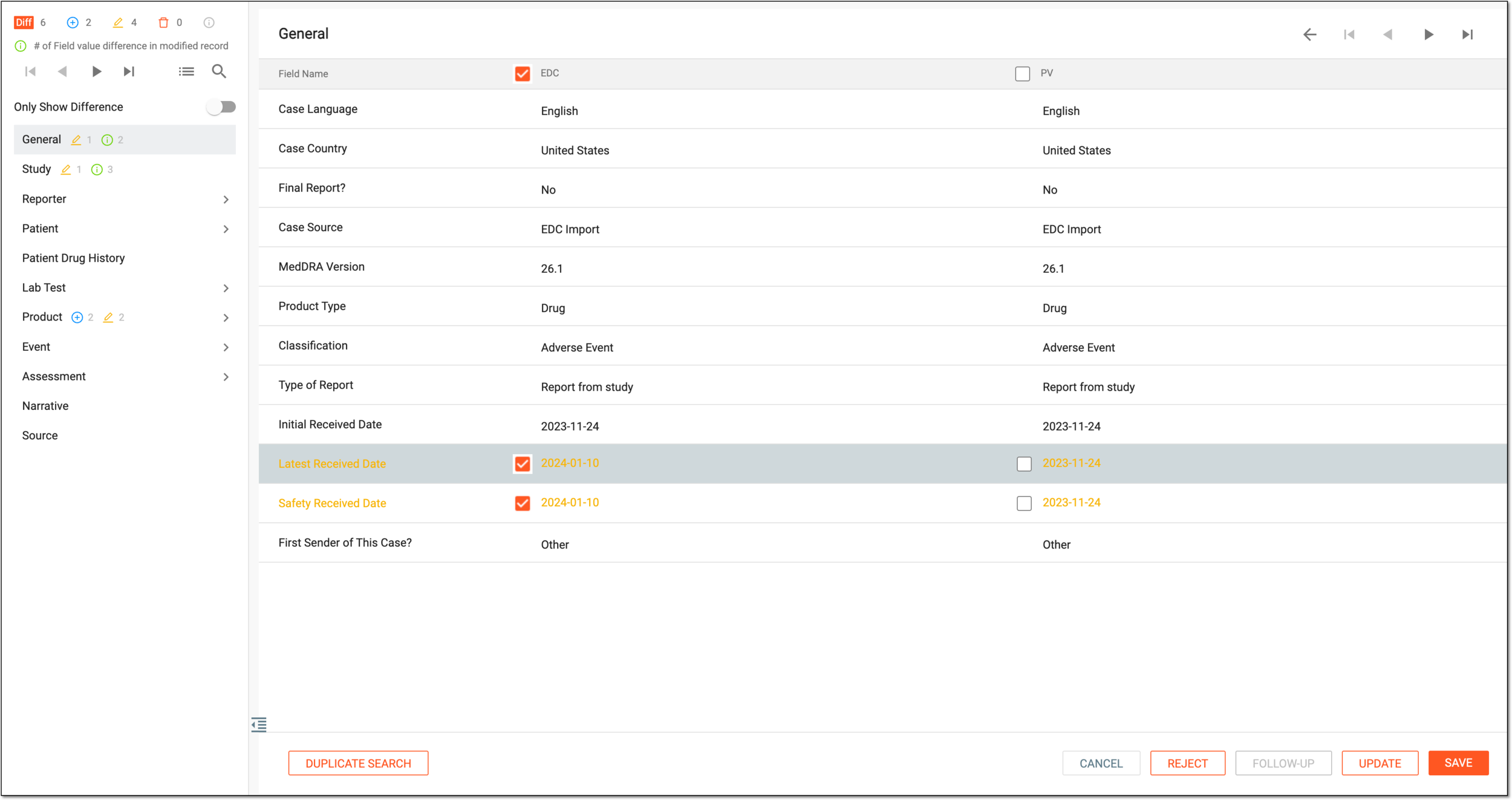Comparing and updating initial data with follow-up